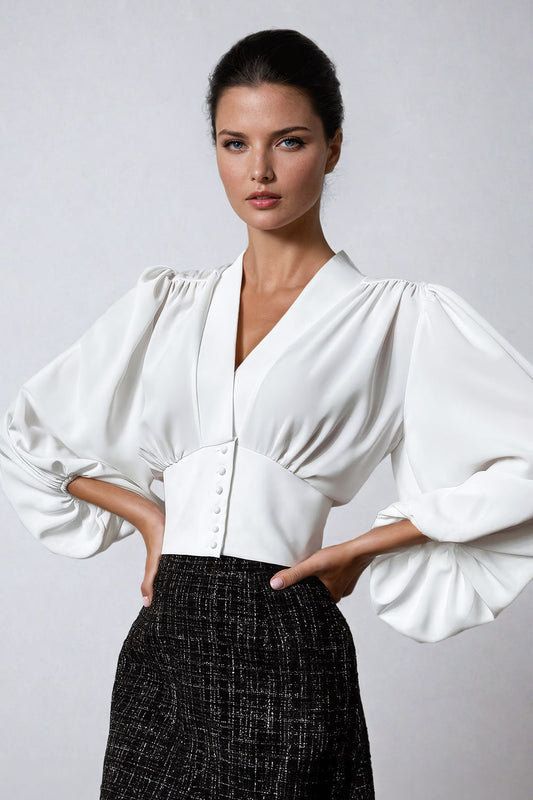 Button-Down Blouse with Puff Sleeves and V-Neckline - White