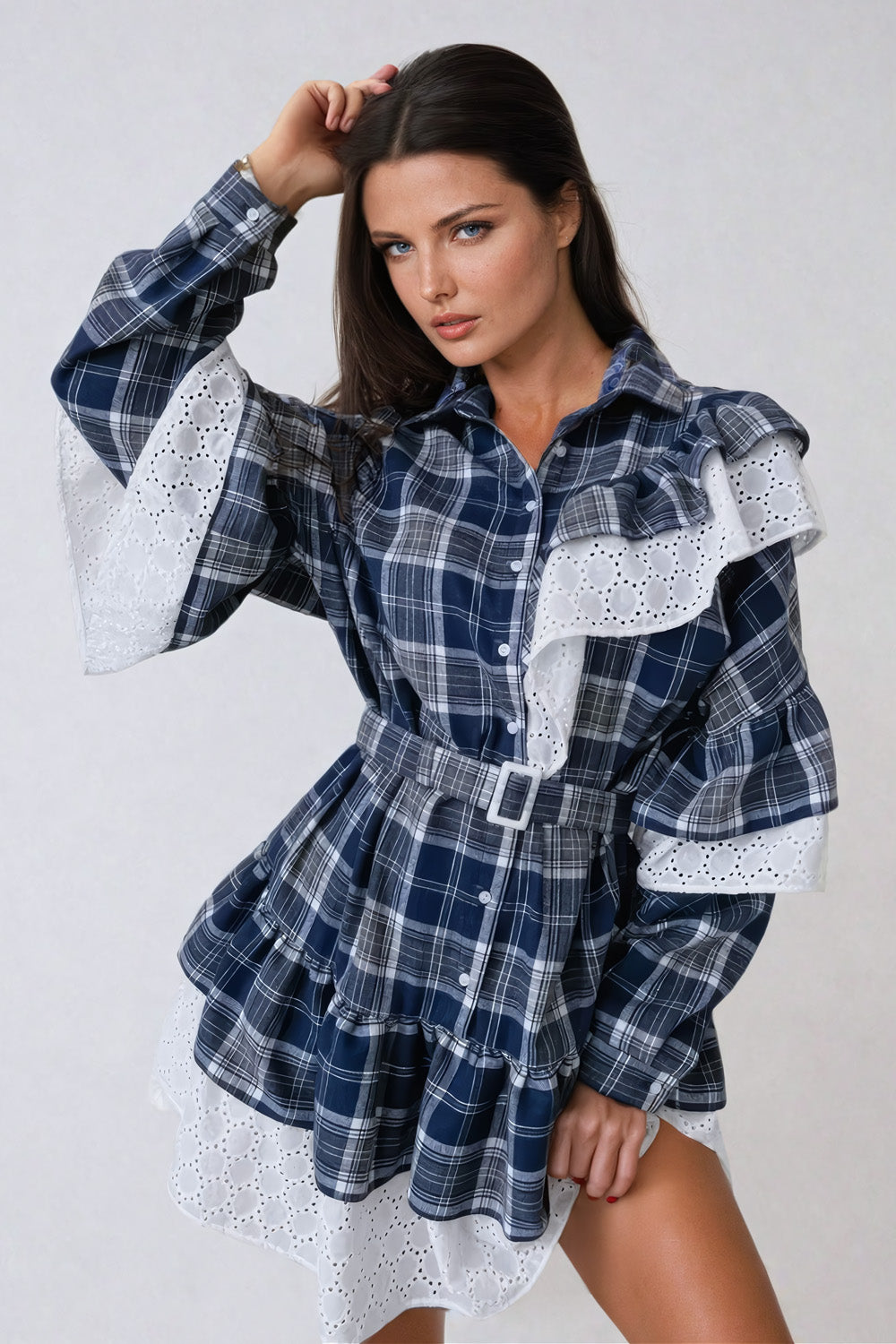 Asymmetrical Ruffled Plaid Mini Dress with Belted Waist - Blue