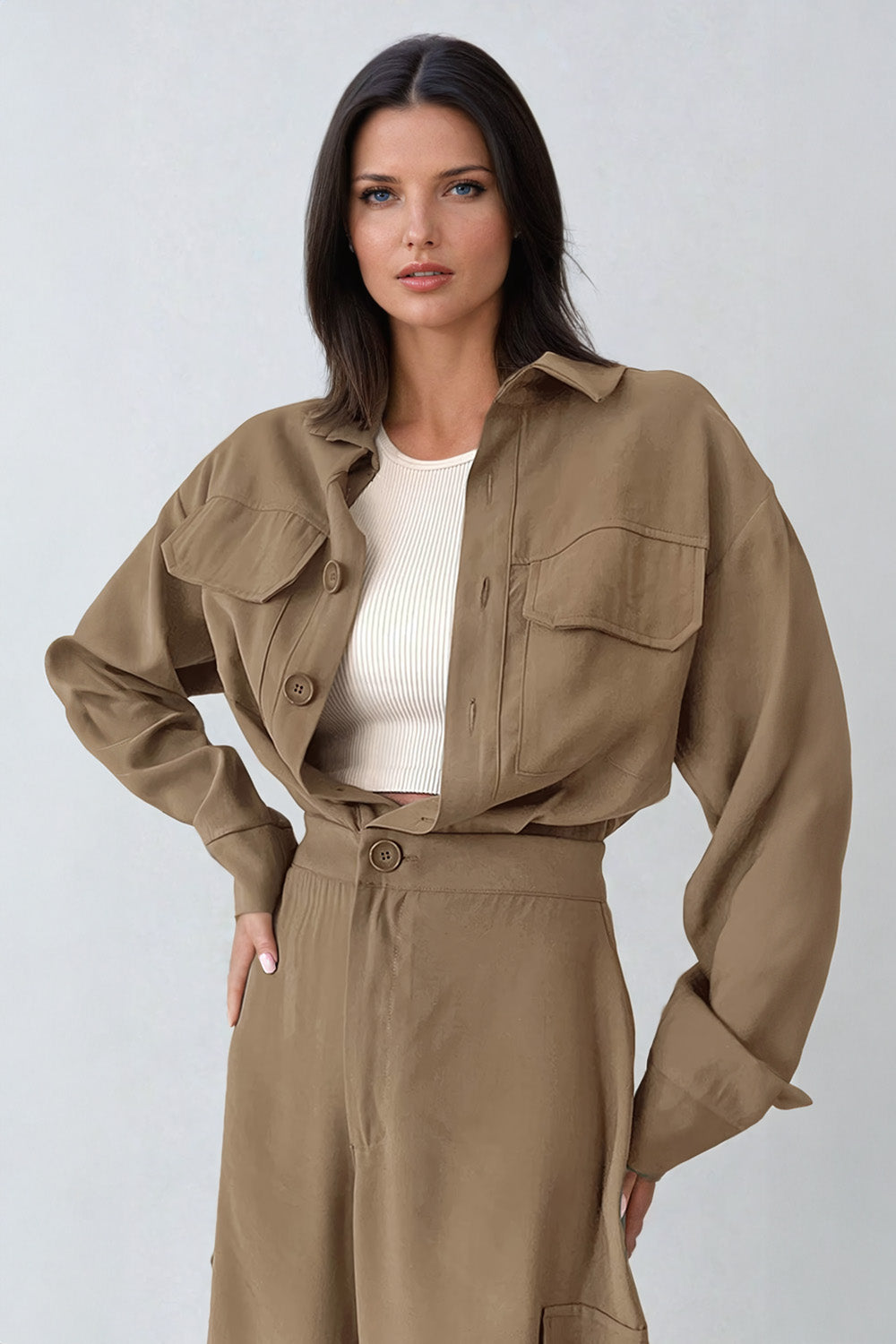 Utility-Style Jumpsuit with Button-Up Front and Wide-Leg Trousers - Brown