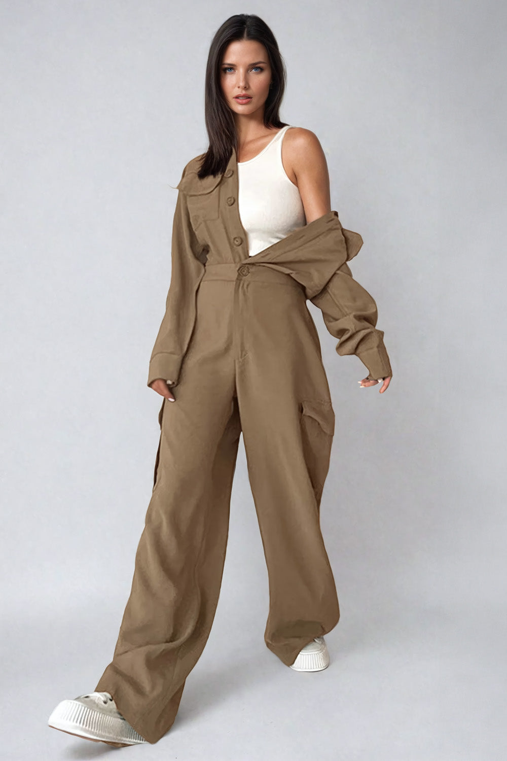 Utility-Style Jumpsuit with Button-Up Front and Wide-Leg Trousers - Brown