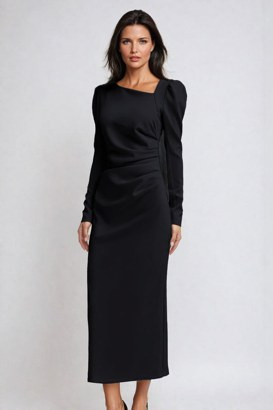 Asymmetrical Neckline Midi Dress with Gathered Waist - Black