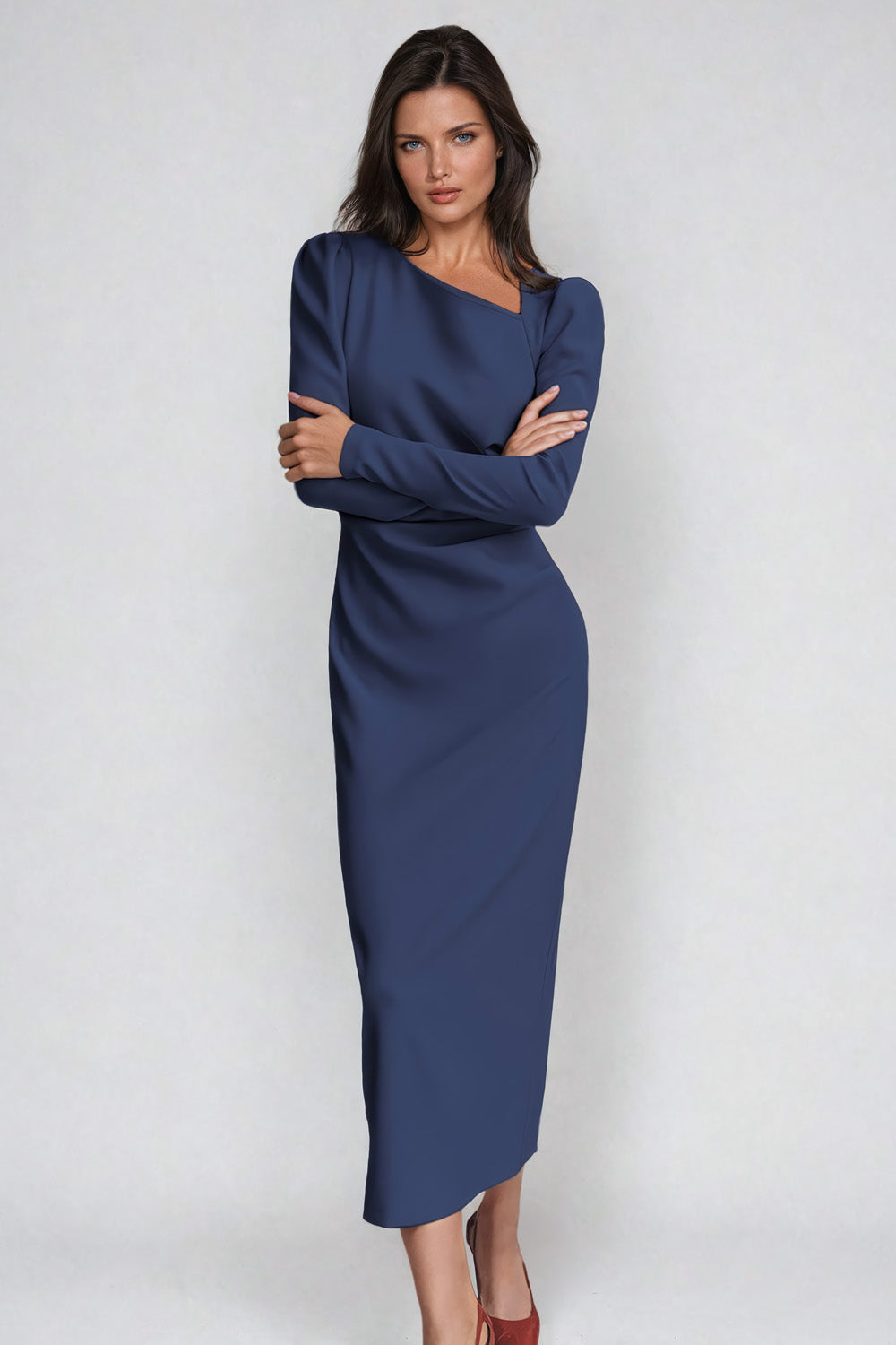 Asymmetrical Neckline Midi Dress with Gathered Waist - Blue