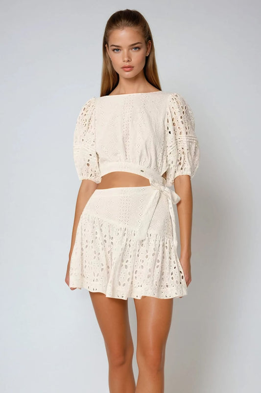 Eyelet Puff Sleeve Wrap Mini Dress - White