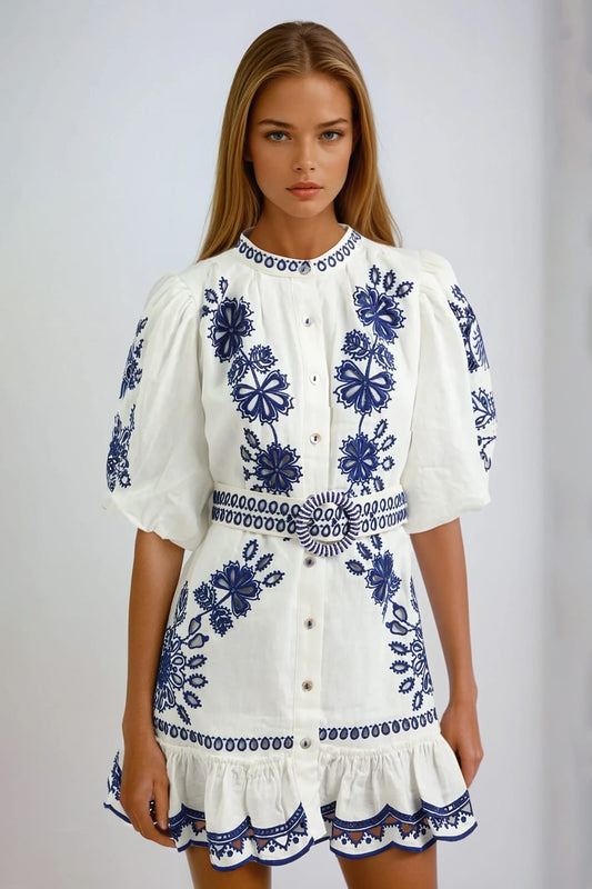 Embroidered Puff Sleeve Mini Dress - White