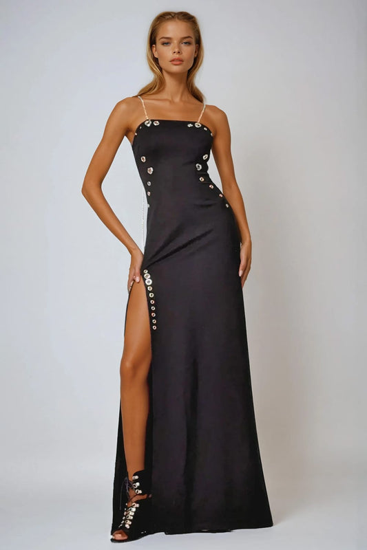 Maxi Dress with Chain Straps and Side Cutout Accents - Black