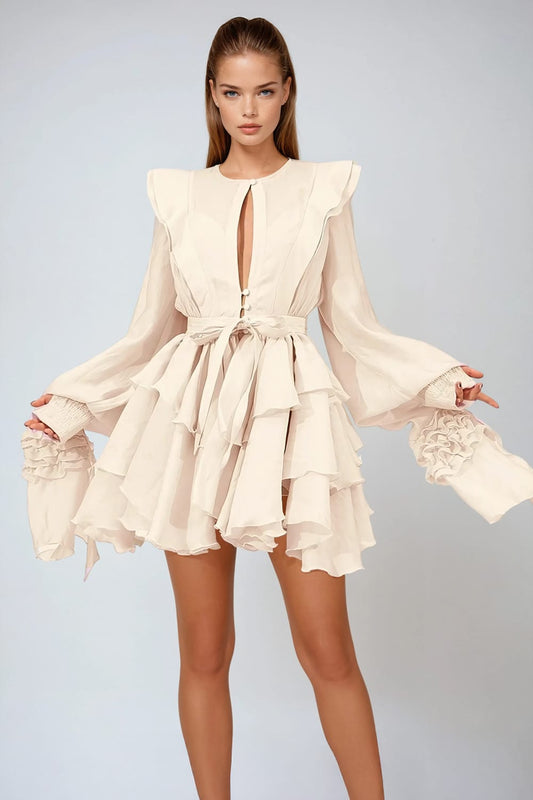 Sheer Ruffle Sleeve Mini Dress - Yellow