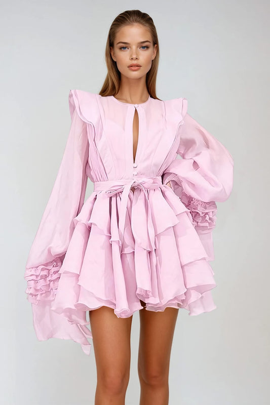 Sheer Ruffle Sleeve Mini Dress - Pink