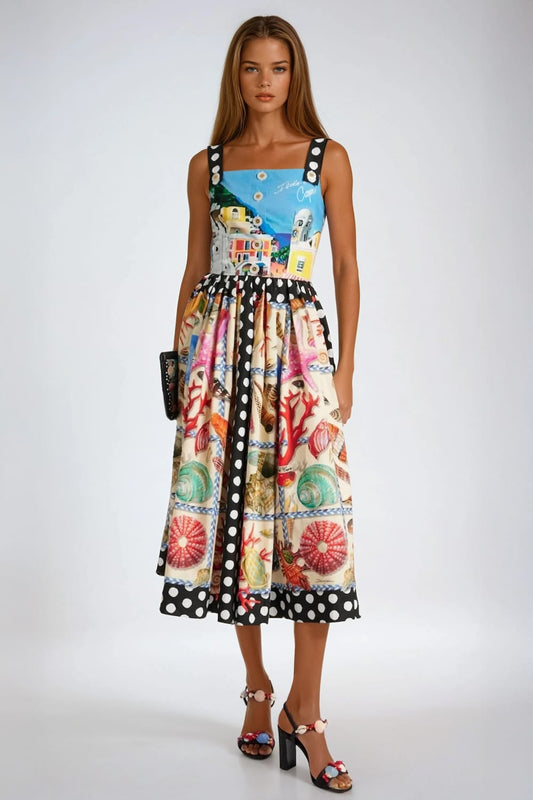 Midi Dress with Scenic Print and Polka Dot Trim - Blue