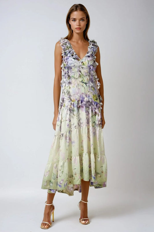 Two-Piece Set with Ruffle Shoulder Top and Tiered Maxi Skirt - Green