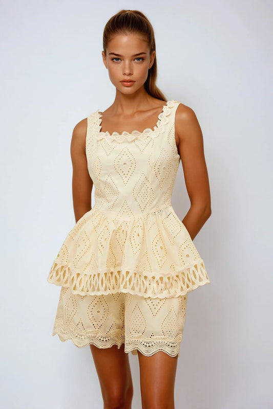Two-Piece Set with Sleeveless Peplum Top and Shorts - Apricot