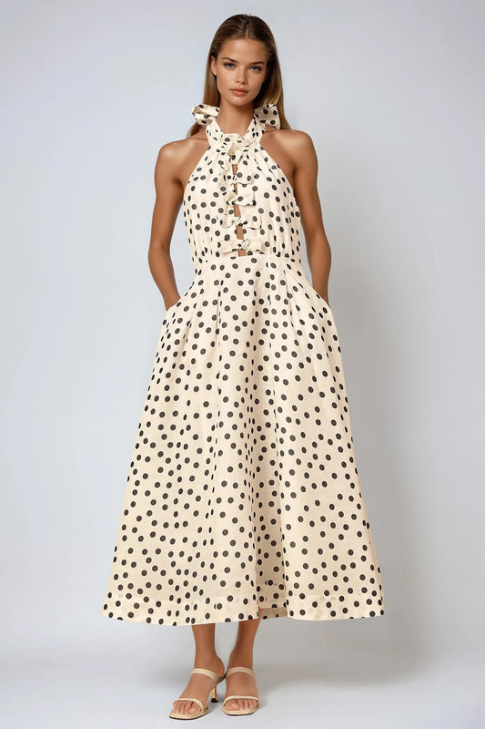 Halter Neck Polka Dot Midi Dress - White