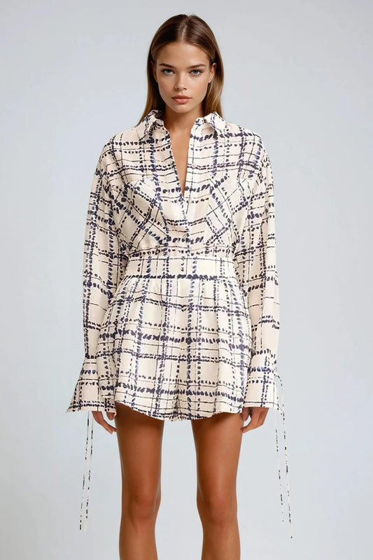 Two-Piece Set with Long Sleeve Shirt and Shorts - White