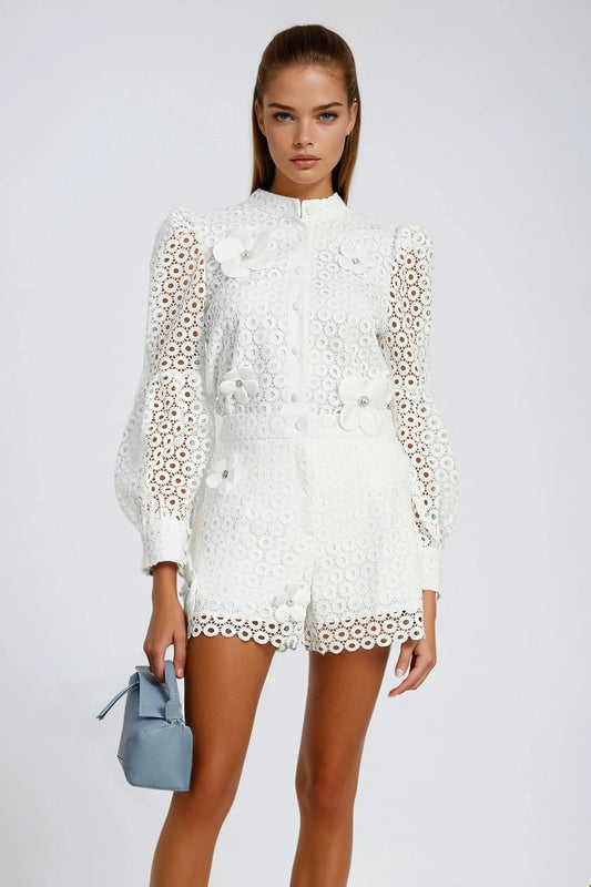 Two-Piece Set with Long Sleeve Top 3D Floral Details and Shorts - White