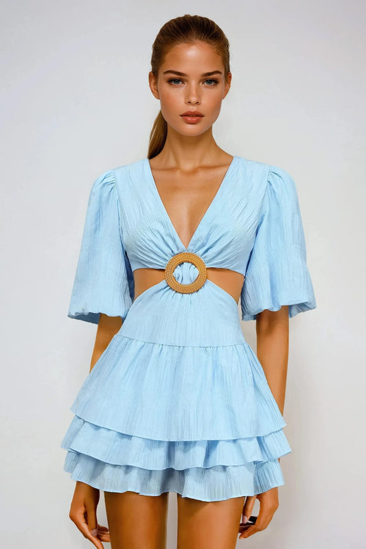 Plunge Neck Puff Sleeve Mini Dress with Cut-Out Detail and Tiered Skirt - Blue