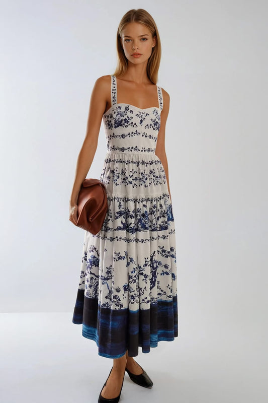 Square Neck Sleeveless Maxi Dress with Floral Print - Blue
