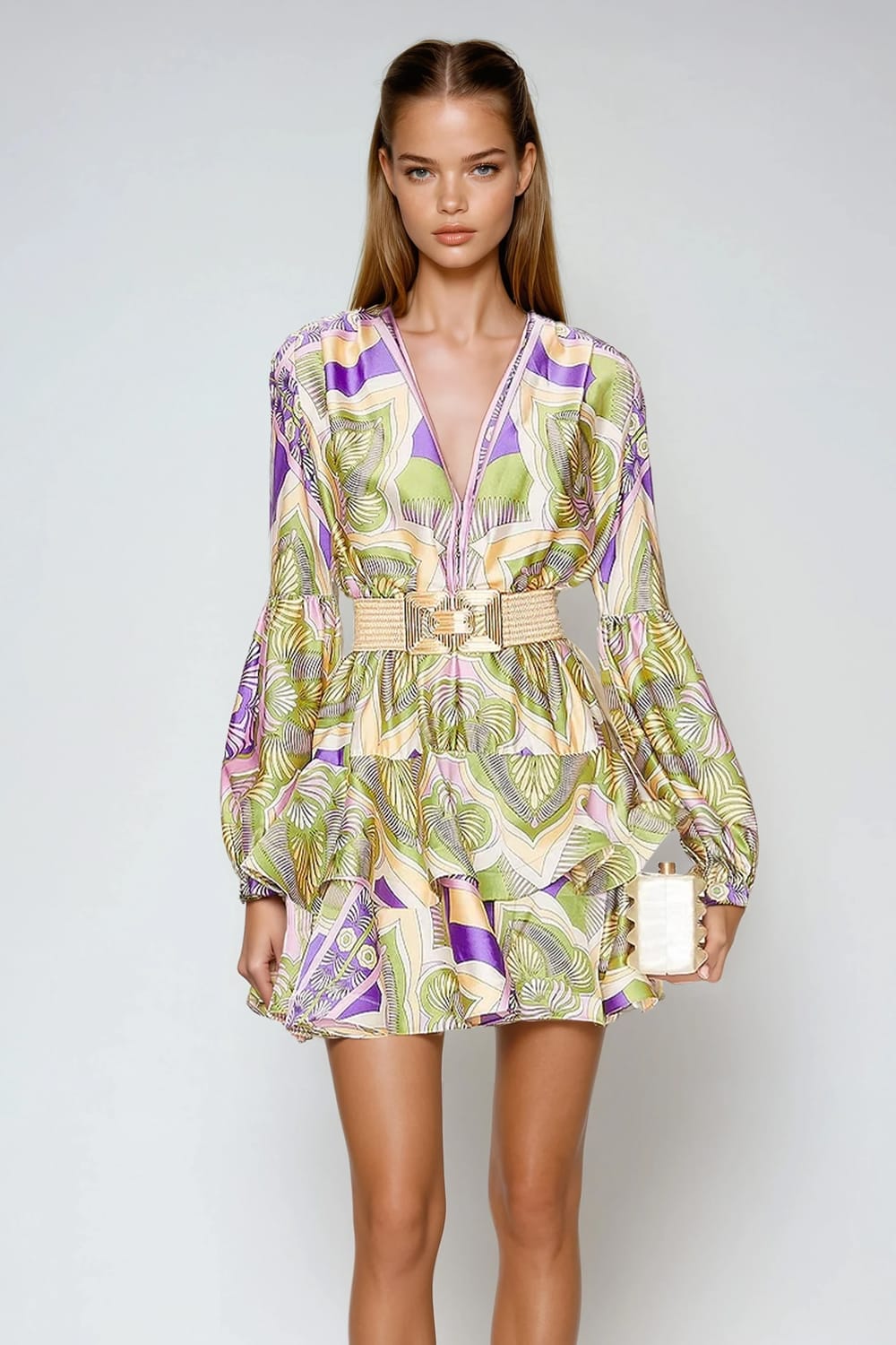 Plunge Neck Long Sleeve Ruffled Mini Dress - Green