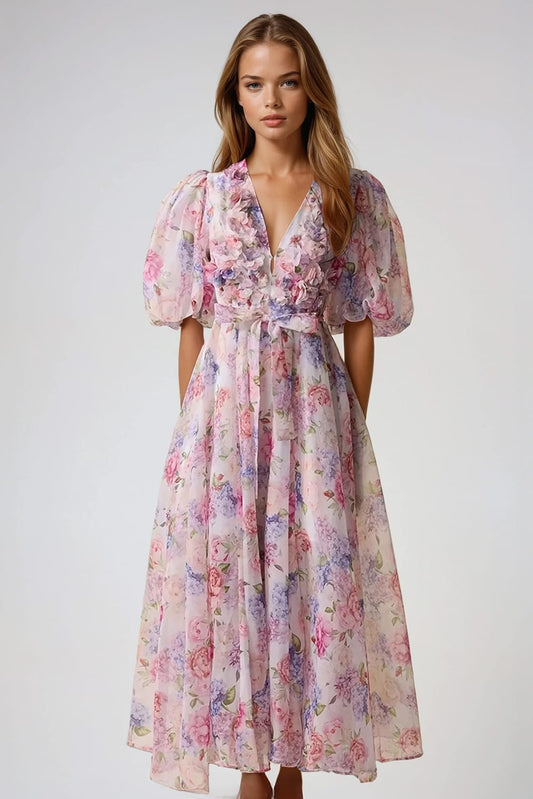 Maxi Dress with Puff Sleeves and 3D Floral Detail - Pink