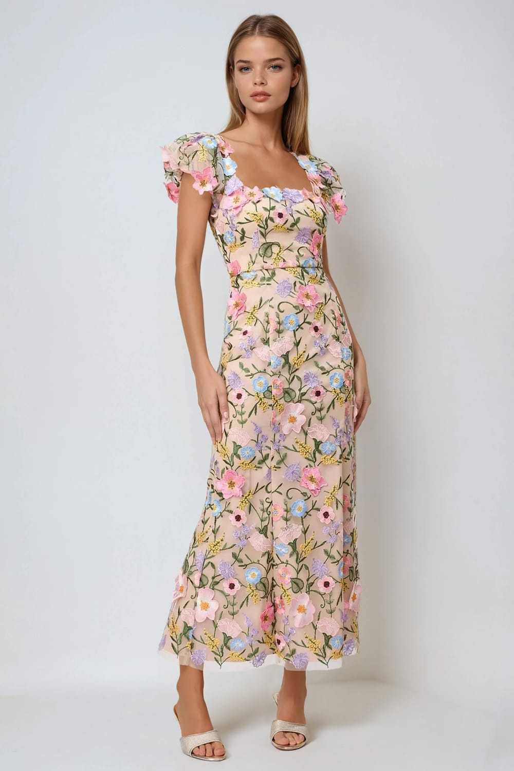 Floral Embroidered Cap Sleeve Maxi Dress - Pink