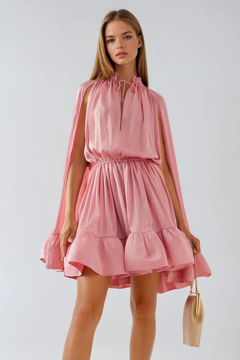 High Neck Cape Detail Ruffle Hem Mini Dress - Pink