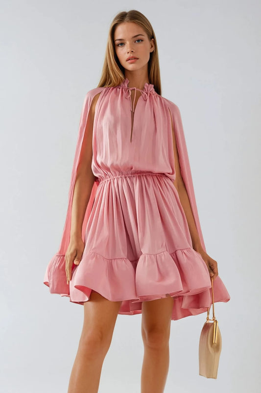High Neck Cape Detail Ruffle Hem Mini Dress - Pink