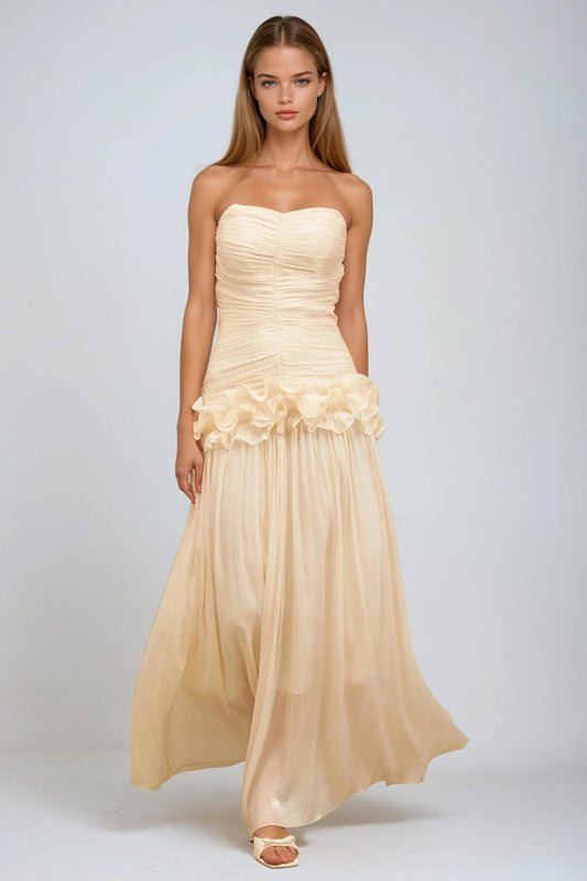 Strapless Maxi Dress with Ruched Bust and Floral Waist Detail - Yellow