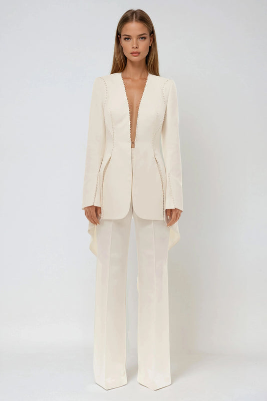 Long Sleeve Blazer with Open Front and Draped Back Hem - White