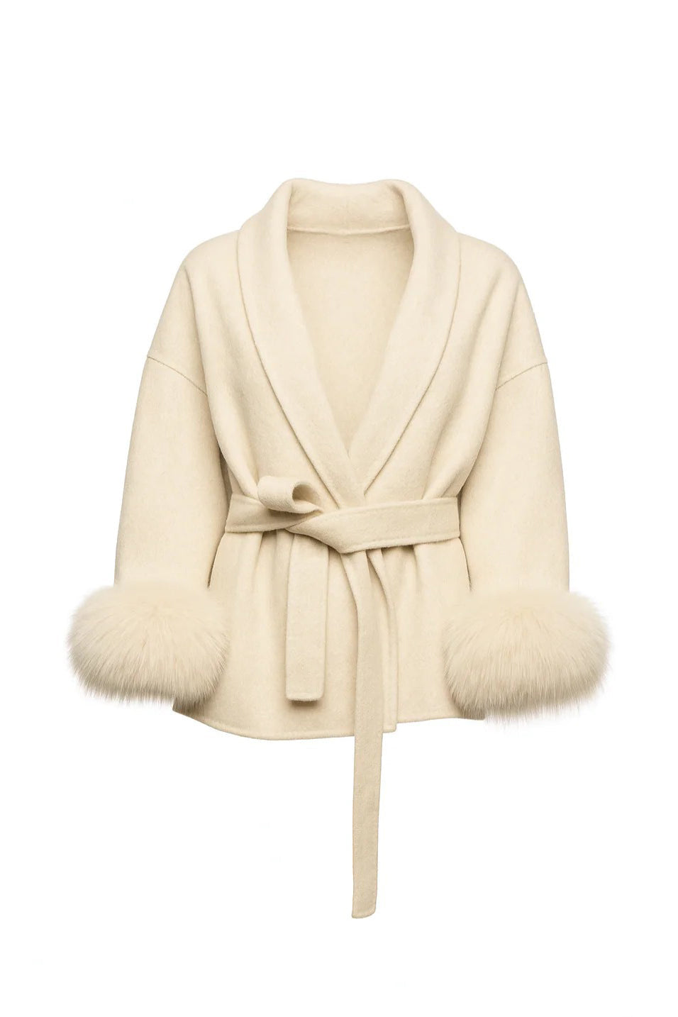 100% Wool Belted Coat with Fur Cuffs - Off White