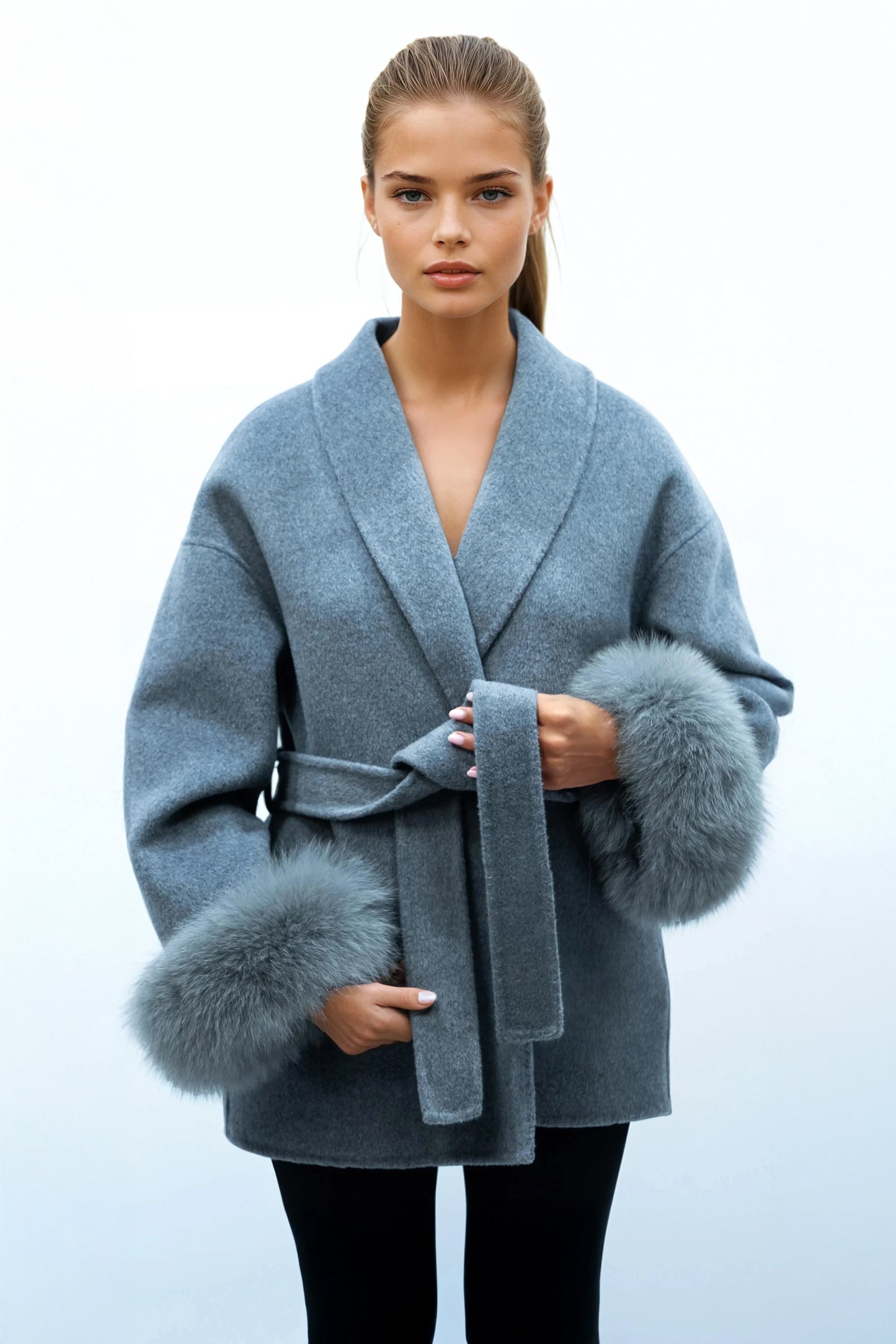 100% Wool Belted Coat with Fur Cuffs - Gray
