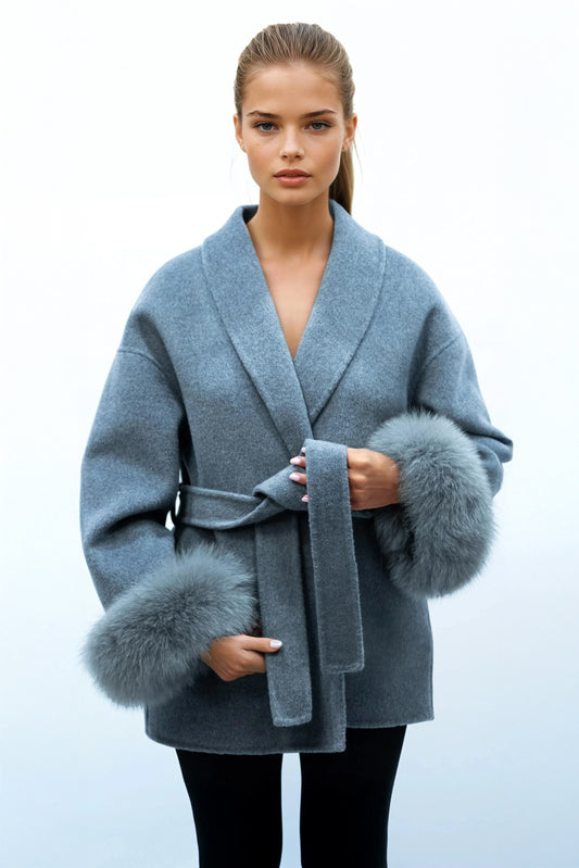 100% Wool Belted Coat with Fur Cuffs - Gray