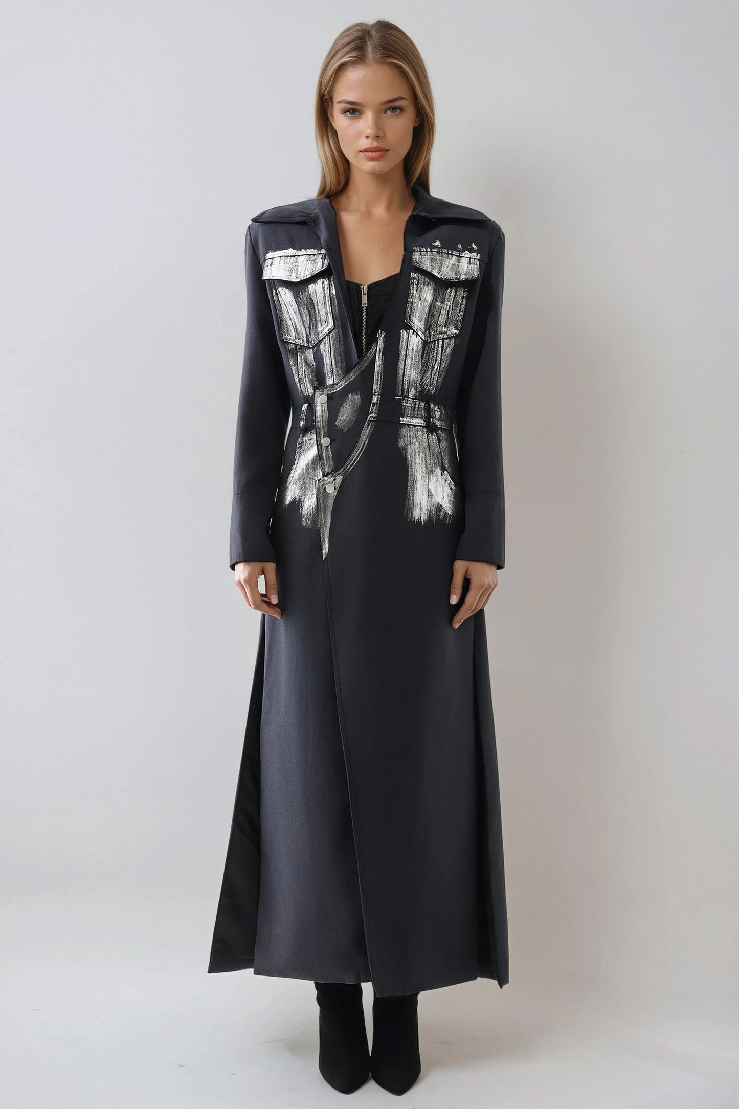 Long Blazer with Painted Detail - Black