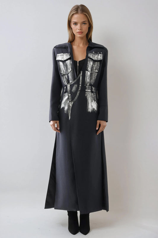 Long Blazer with Painted Detail - Black