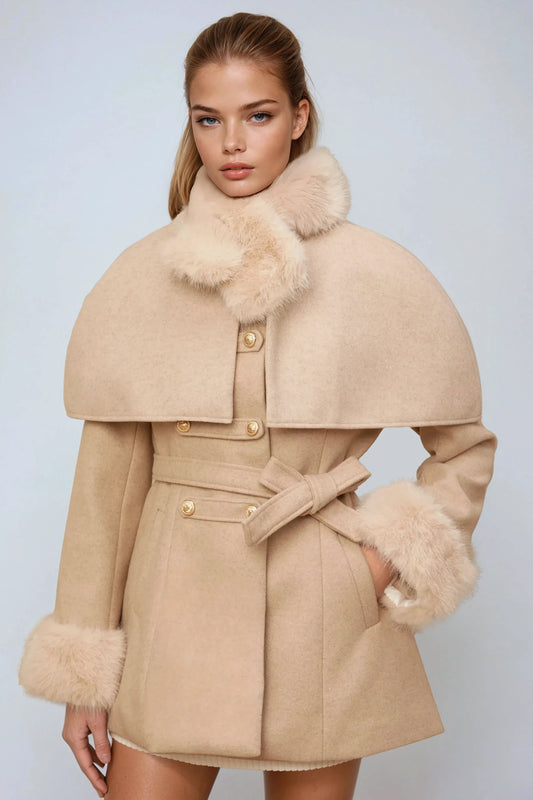 Double-Breasted Coat with Cape and Faux Fur Trim - Beige