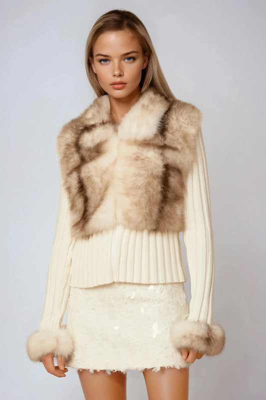 Cropped Knit Jacket with Fur Collar and Cuffs - White