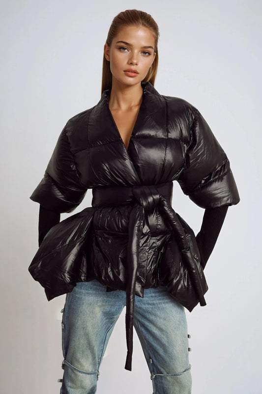 Short Puffer Coat with Waist Belt and Draped Hem - Black