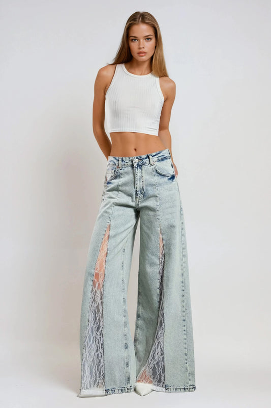 Wide Leg Jeans with Lace Panel Detail - Blue