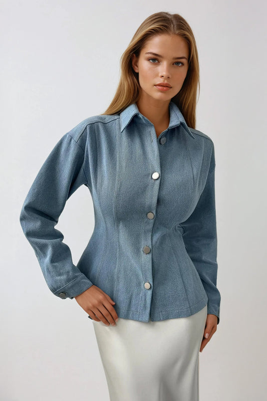 Fitted Button-Front Shirt Jacket - Blue