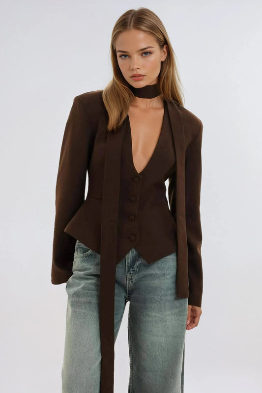 Tailored Blazer with Scarf Neck Detail - Brown