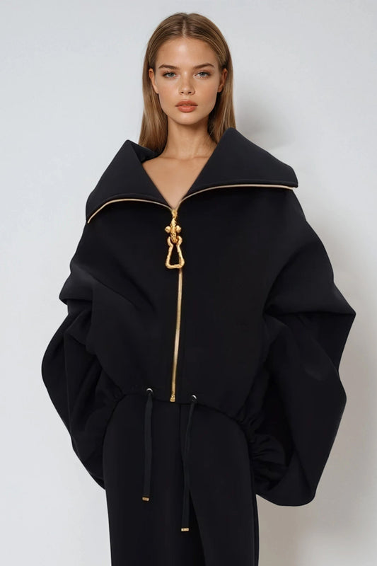 Oversized Drawstring Zip-Up Jacket - Black