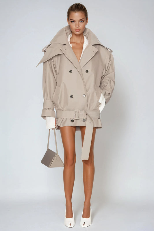 Oversized Double-Breasted Belted Jacket - Gray