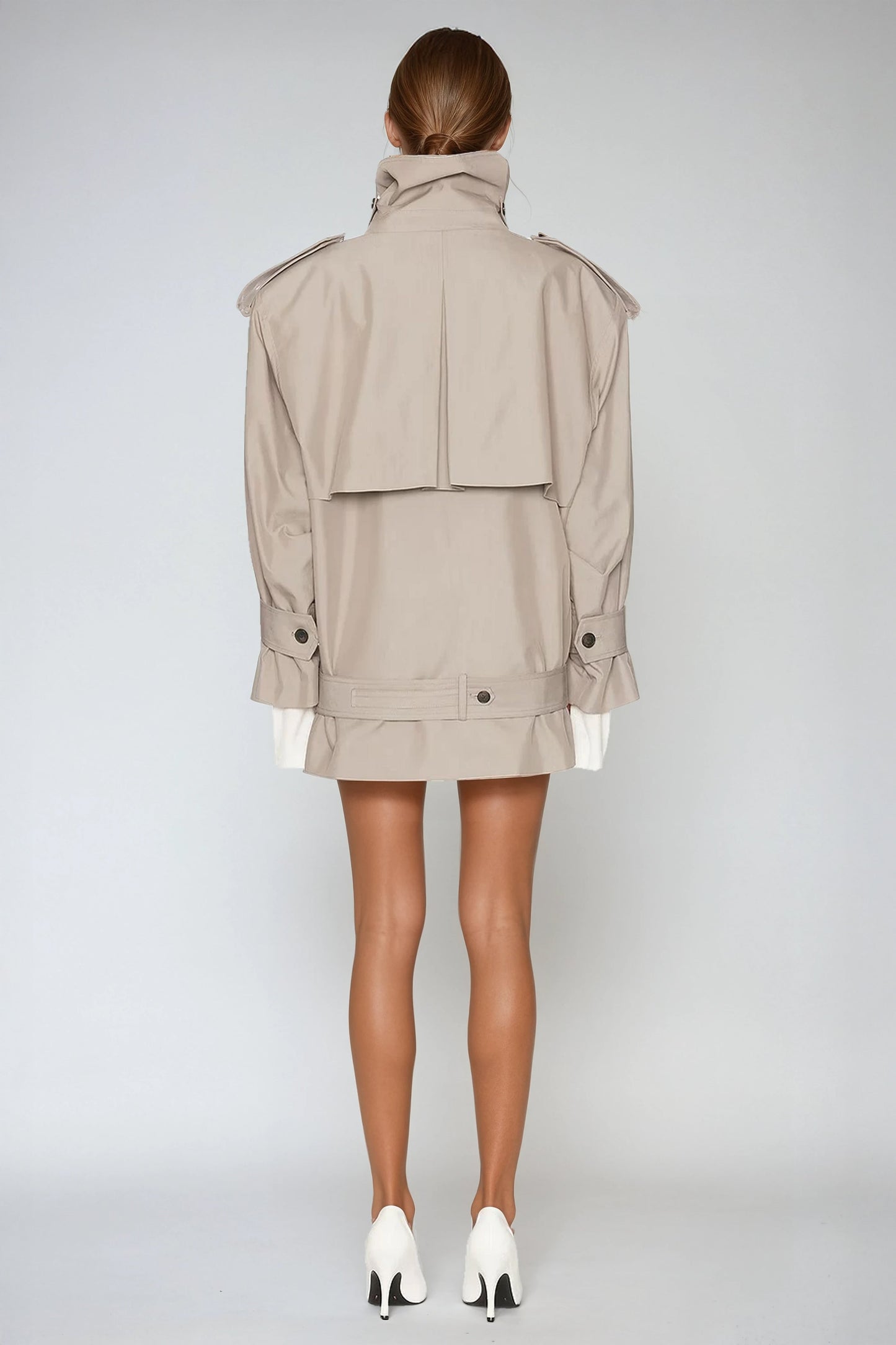 Oversized Double-Breasted Belted Jacket - Gray