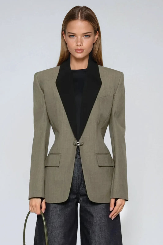 Fitted Blazer with Contrast Lapel and Hook Detail - Green