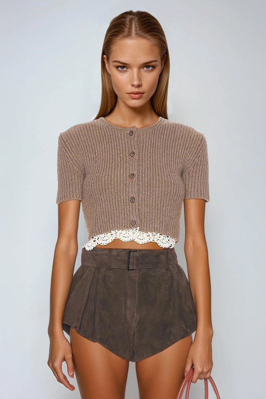Ribbed Cropped Button Top with Lace Trim - Brown