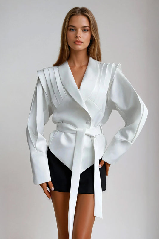 Belted Jacket with Pleated Shoulder Detail - White