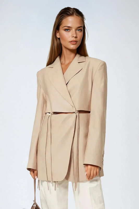 Open Front Jacket with Drawstring Cut-Outs - Khaki