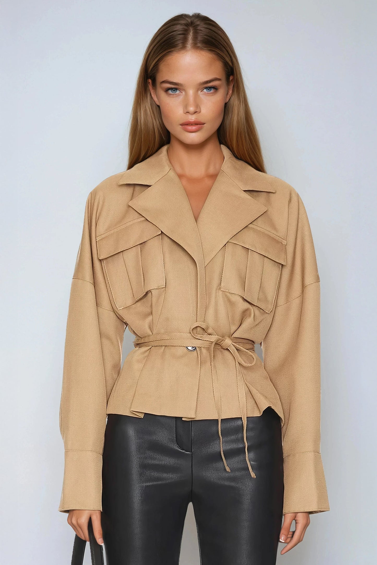 Cropped Belted Jacket with Pleated Sleeves - Brown