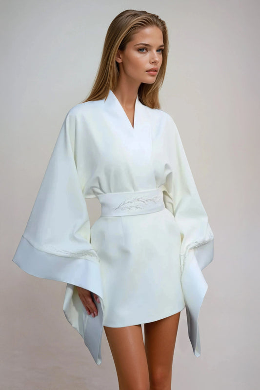Pleated Sleeve Wrap Coat - White