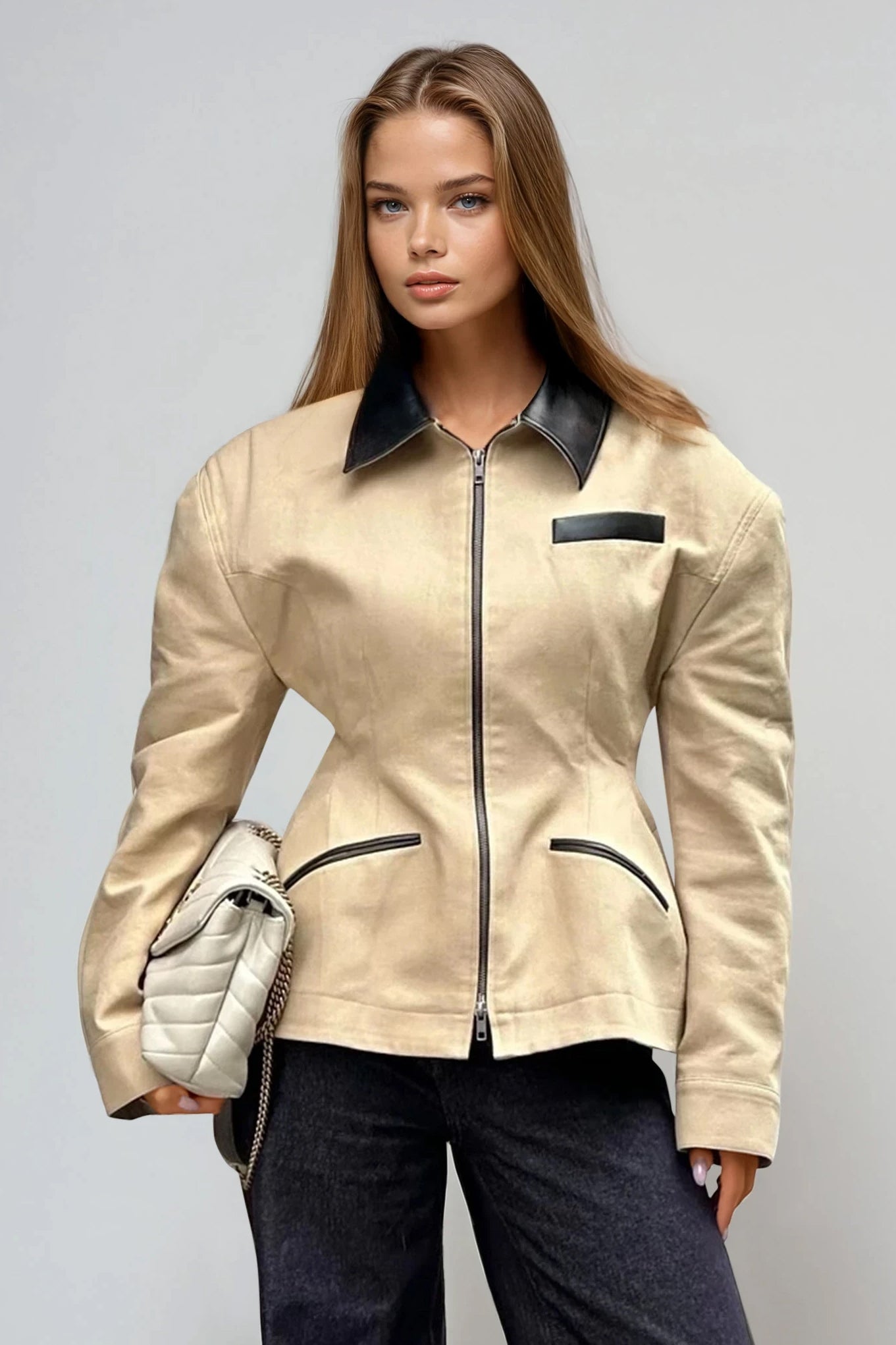 Zip-Up Jacket with Contrast Collar and Pockets - Brown