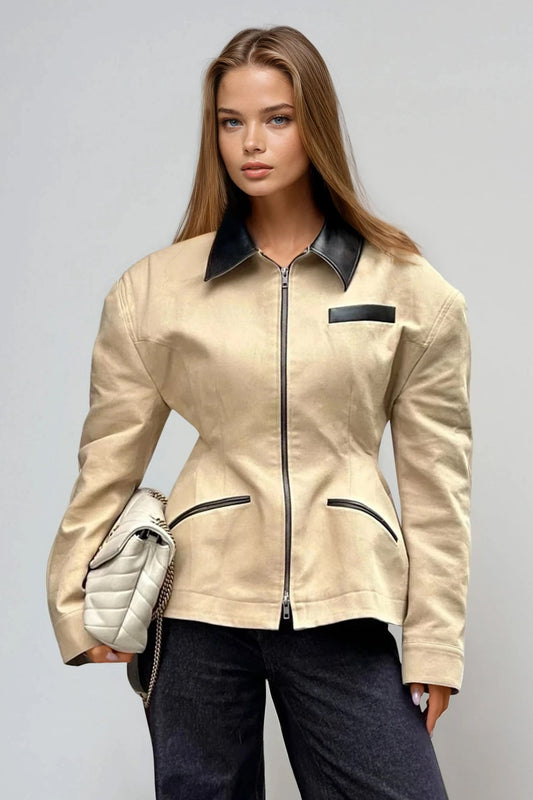Zip-Up Jacket with Contrast Collar and Pockets - Brown
