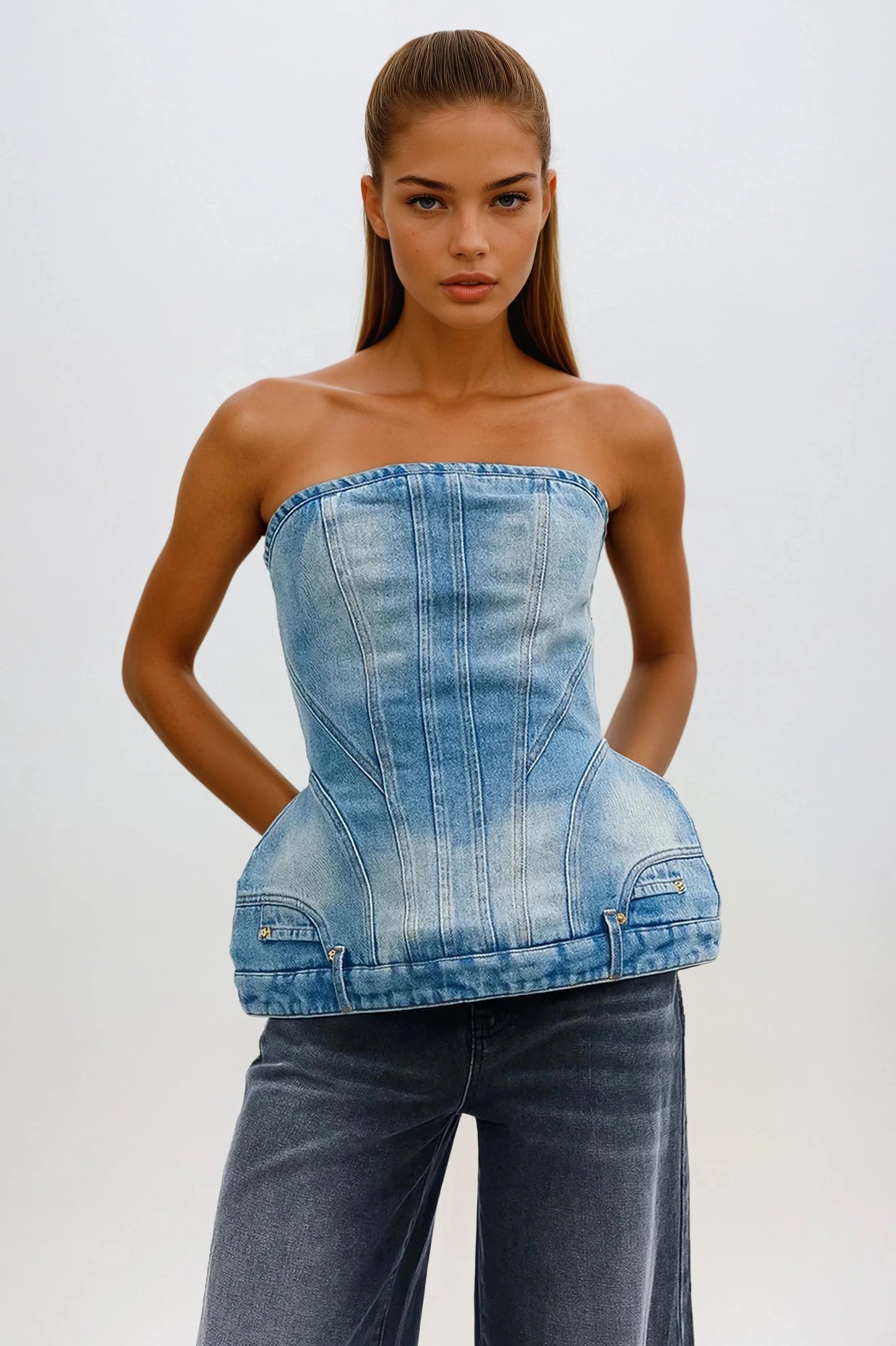 Strapless Structured Denim Top - Blue