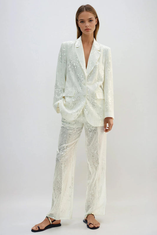 Two-Piece Set with Sequin Blazer and Straight Leg Trousers - White